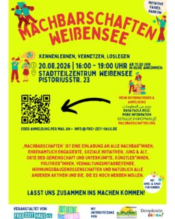 🤝 Machbarschaften Weißensee 💚

Gerade in herausfordernden Zeiten sind starke Nachbarschaften und gute Netzwerke wichtiger denn je.

Deshalb laden wir euch gemeinsam mit Machbarschaften und der Initiative Faires.Pankow herzlich zu unserem Netzwerk-Treffen für Weißensee ein!

📅 Donnerstag, 20. August
🕓 16:00 – 19:00 Uhr
📍 Stadtteilzentrum Weißensee

Eingeladen sind alle, die Weißensee mitgestalten möchten:
✨ Nachbarinnen
✨ Ehrenamtliche
✨ Initiativen
✨ Einrichtungen
✨ Verwaltungsmitarbeitende
✨ Künstlerinnen
✨ und alle Interessierten!

Lasst uns miteinander ins Gespräch kommen, Ideen austauschen, neue Kontakte knüpfen und gemeinsam überlegen, wie wir unseren Kiez noch lebenswerter gestalten können.

📌 Bitte meldet euch vorab an, damit wir besser planen können.

Wir freuen uns auf euch! 💚

#Machbarschaften #Weißensee #Pankow #Nachbarschaft #Netzwerken #Engagement #GemeinsamStark #FairesPankow #StadtteilzentrumWeißensee #Berlin