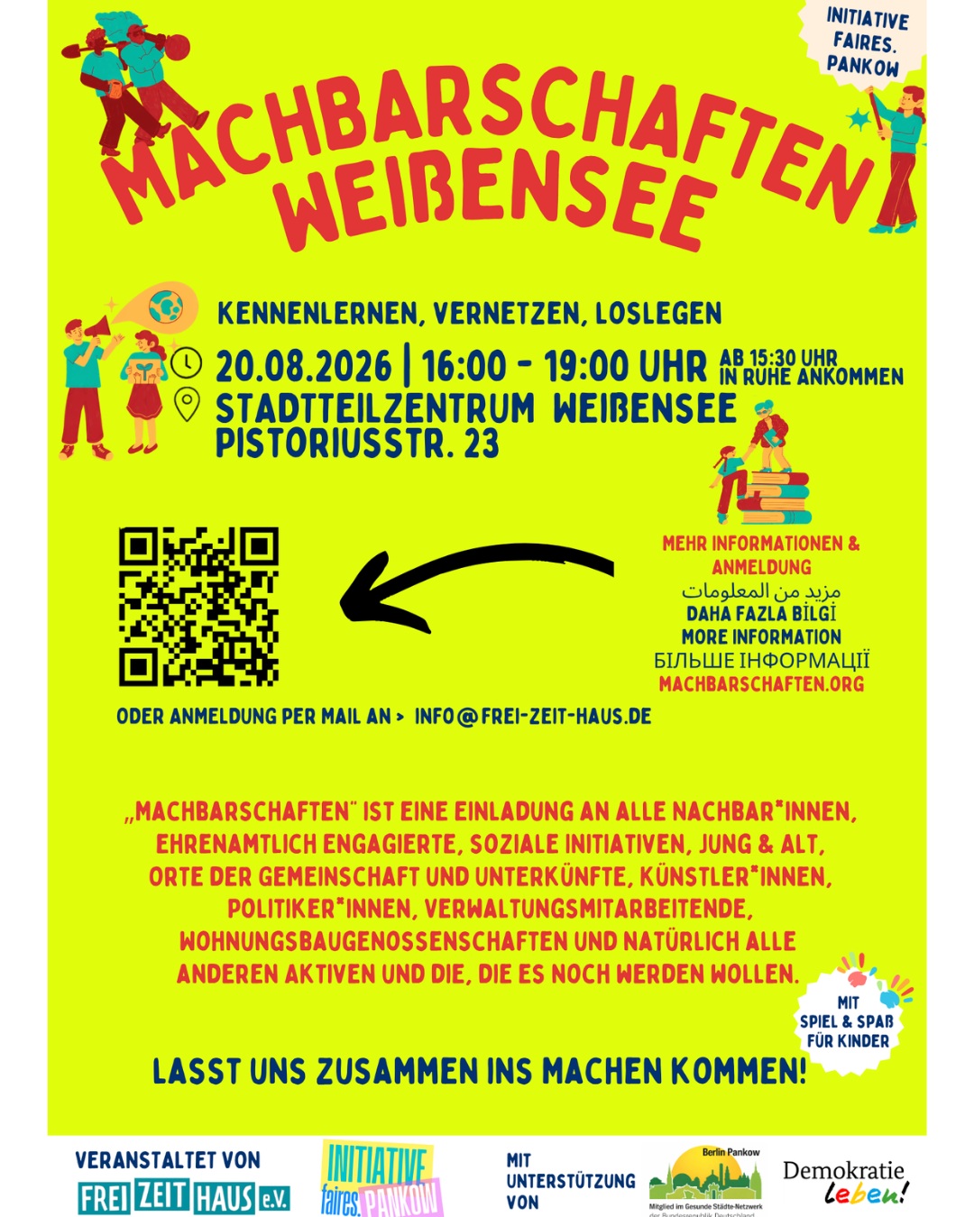 🤝 Machbarschaften Weißensee 💚

Gerade in herausfordernden Zeiten sind starke Nachbarschaften und gute Netzwerke wichtiger denn je.

Deshalb laden wir euch gemeinsam mit Machbarschaften und der Initiative Faires.Pankow herzlich zu unserem Netzwerk-Treffen für Weißensee ein!

📅 Donnerstag, 20. August
🕓 16:00 – 19:00 Uhr
📍 Stadtteilzentrum Weißensee

Eingeladen sind alle, die Weißensee mitgestalten möchten:
✨ Nachbarinnen
✨ Ehrenamtliche
✨ Initiativen
✨ Einrichtungen
✨ Verwaltungsmitarbeitende
✨ Künstlerinnen
✨ und alle Interessierten!

Lasst uns miteinander ins Gespräch kommen, Ideen austauschen, neue Kontakte knüpfen und gemeinsam überlegen, wie wir unseren Kiez noch lebenswerter gestalten können.

📌 Bitte meldet euch vorab an, damit wir besser planen können.

Wir freuen uns auf euch! 💚

#Machbarschaften #Weißensee #Pankow #Nachbarschaft #Netzwerken #Engagement #GemeinsamStark #FairesPankow #StadtteilzentrumWeißensee #Berlin