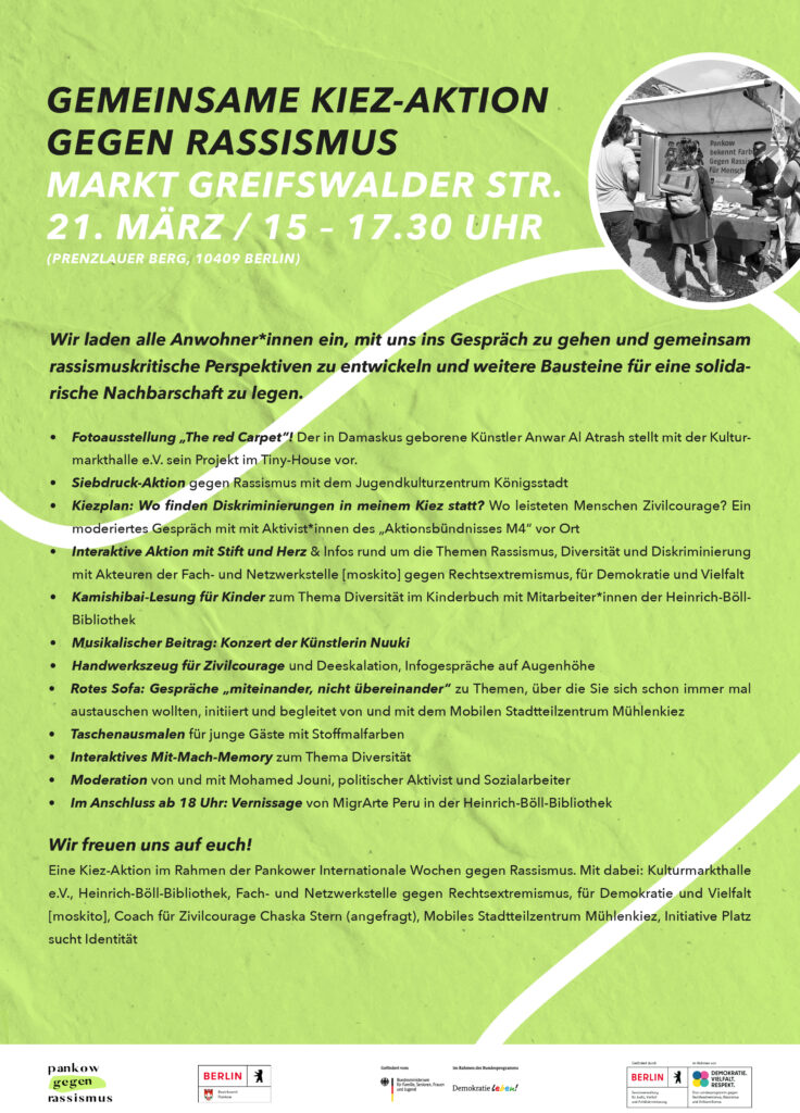 Flyer für die Kiezaktion auf der Greifswalder Straße am 21.3. von 15 - 17.30 Uhr. 