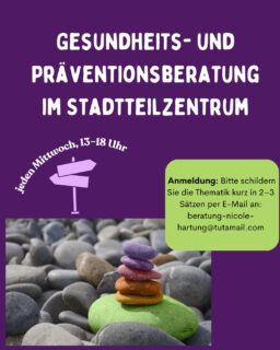 🌿Gesundheits- und Präventionsberatung
Du möchtest gesunde Ernährung, Entspannung, Stressmanagement und Bewegung besser in deinen Alltag integrieren? In der persönlichen Beratung geht es darum, gemeinsam alltagstaugliche Möglichkeiten für mehr Wohlbefinden und Gesundheitsvorsorge zu finden. 💚
📅 Mittwochs | 13–18 Uhr
📍 Beratungsraum (UG) im Stadtteilzentrum Weißensee
💶 Kostenbeitrag: 5 €
📩 Anmeldung: Bitte kurz in 2–3 Sätzen dein Anliegen schildern und per E-Mail an beratung-nicole-hartung@tutamail.com senden.
#Gesundheit #GesunderLebensstil #GesundImAlltag #Stressmanagement #Entspannung #Ernährung #Bewegung #Weißensee #Pankow #StadtteilzentrumWeißensee #Berlin