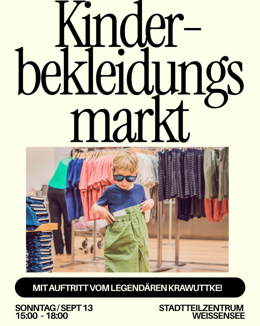 👕🧸 Kinderbekleidungsmarkt im STZ Weißensee! 🧸👶
Ihr sucht gut erhaltene Kinderkleidung, Spielzeug oder Babyausstattung? Dann kommt vorbei! 💛
Am Sonntag, 13. September, von 15–18 Uhr findet bei uns im Stadtteilzentrum Weißensee wieder unser Second-Hand-Markt für Baby- und Kinderbekleidung bis Größe 176, Spielzeug und Babyausstattung statt.
Und das Beste: Ab 16:30 Uhr sorgt der legendäre Krawuttke mit seinem Kindermusikprogramm für Party- und Wohlfühlstimmung bei Groß und Klein! 🎶🤸♀️🎉
📍 Stadtteilzentrum Weißensee
Pistoriusstr. 23, 13086 Berlin
🗓 Sonntag, 13.09.
⏰ 15–18 Uhr
Kommt vorbei, stöbert, entdeckt neue Lieblingsstücke und verbringt einen schönen Nachmittag bei uns! 💚
#Kinderbekleidungsmarkt #SecondHand #Kinderkleidung #Babykleidung #Spielzeug #Babyausstattung #Weißensee #BerlinWeißensee #Nachbarschaft #Krawuttke #Kindermusik #StadtteilzentrumWeißensee