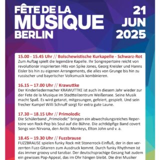 Fête de la musique im Stadtteilzentrum Weißensee. Am 21.6. startet die Party um 15 uhr. Es spielen @bkks_r , @krawuttke.musik , @primolodic  und Fuzzbrause. Wir freuen uns auf ein tolles Fest mit allen Nachbarn. Kommt und feiert mit. 
#stadtteilzentrumweißensee #freizeithausev #fetedelamusique2025 #livemusic