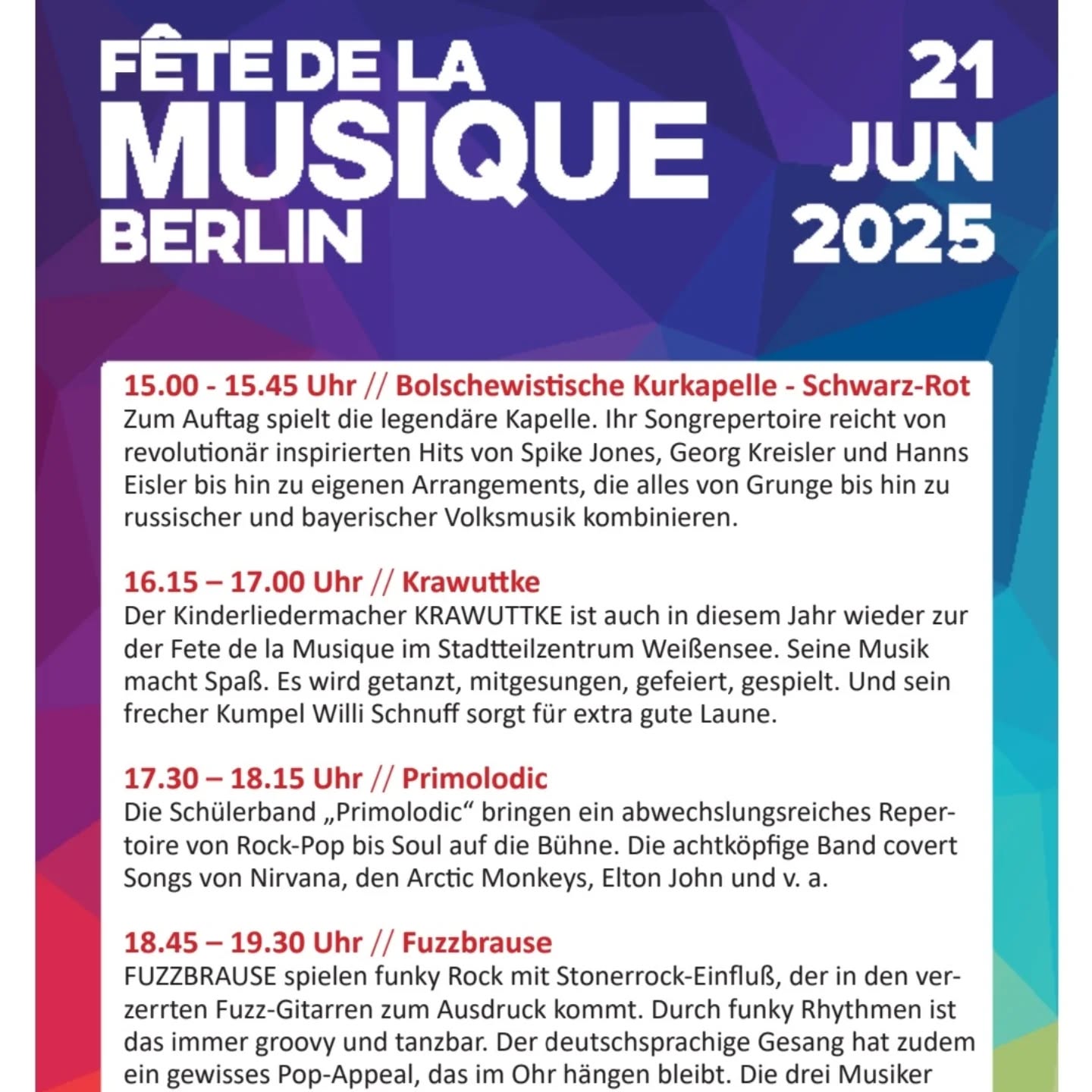 Fête de la musique im Stadtteilzentrum Weißensee. Am 21.6. startet die Party um 15 uhr. Es spielen @bkks_r , @krawuttke.musik , @primolodic  und Fuzzbrause. Wir freuen uns auf ein tolles Fest mit allen Nachbarn. Kommt und feiert mit. 
#stadtteilzentrumweißensee #freizeithausev #fetedelamusique2025 #livemusic