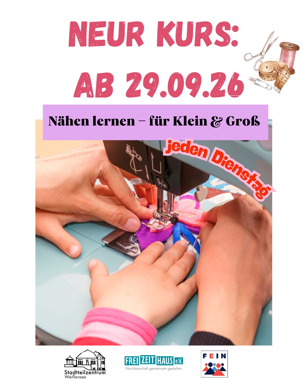 🧵✨ Nähen lernen – für Klein & Groß!
Wann: immer Dienstags von 15:00 - 17:00 Uhr im STZ Weißensee (UG Kreativraum)
Du möchtest nähen lernen, Kleidung reparieren oder einfach kreativ mit Stoffen arbeiten? Dann komm vorbei!
Gemeinsam mit Mariame lernen Eltern, Kinder und alle Interessierten Schritt für Schritt den Umgang mit Stoff, Nadel und Nähmaschine. Egal ob erste Nähversuche, kleine Änderungen oder eigene kreative Ideen – Anfänger*innen und Familien sind herzlich willkommen! 💛
🧵 Material: Eine Auswahl ist vor Ort vorhanden. Eigene Stoffe und Ideen könnt ihr gerne mitbringen.
💶 Kosten: 2 € Spende
📩 Anmeldung: Sylla@sehstern-ev.de
📞 Tel.: 0155 60730410
Kommt vorbei, probiert euch aus und näht einfach los! 🌿🪡
#NähenLernen #NähenFürAlle #KreativWorkshop #NähenFürKinder #NähenFürErwachsene #FamilienWorkshop #DIY #Nähen #Stoffliebe #KreativImKiez #Weißensee #Pankow #Stadtteilzentrum