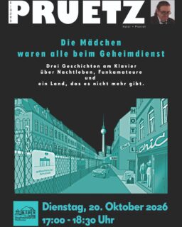 Lesung mit Klavier: „Die Mädchen waren alle beim Geheimdienst“

Was hat das Nachtleben der DDR mit Funkamateuren und einem Land zu tun, das es heute nicht mehr gibt?

Sigurd Pruetz nimmt uns mit auf eine literarische Reise in die Vergangenheit und liest drei Geschichten mit DDR-Bezug. Zwischen den Geschichten erklingen am Klavier alte Kultsongs aus dieser Zeit – mal zum Erinnern, mal zum Schmunzeln und vielleicht auch zum Mitsingen. 🎶

📅 20. Oktober 2026
🕕 17:00 Uhr
📍 Gartensaal, Stadtteilzentrum Weißensee
🎟️ Keine Anmeldung nötig – einfach vorbeikommen!
🎩 Hutspende

#StadtteilzentrumWeißensee #Weißensee #Lesung #LesungMitKlavier #DDR #Geschichten #Musik #SigurdPruetz #KulturInWeißensee #berlinkultur