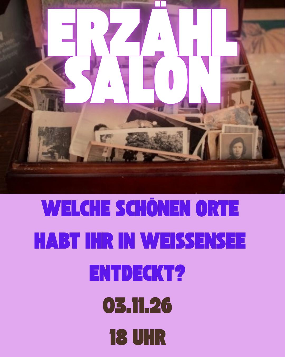 💬 Erzählsalon in Weißensee – Nachbarschaftstreffen 💛
📖 Wie ich einen schönen Ort in Weißensee entdeckte
Welche Orte in Weißensee sind für uns etwas Besonderes? Welche Geschichten und Erinnerungen verbinden wir mit ihnen?
Lebenserinnerungen e.V. und FreiZeitHaus e.V. laden herzlich zum Erzählsalon ein! Hier teilen Bewohner*innen aus Weißensee ihre persönlichen Geschichten und Erinnerungen. So entsteht ein bunter Teppich aus unterschiedlichen Lebensgeschichten, der Menschen verbindet, Brücken zwischen Generationen schlägt und zeigt, wie vielfältig unser Stadtteil ist. ✨
Denn: Erzählen und Erinnern macht Freude – und Nachbarschaft lebendig! 🧡
📅 Wann: Dienstag, 3. November 🕕 Uhrzeit: 18:00–20:00 Uhr 📍 Wo: Stadtteilzentrum Weißensee
Wir freuen uns auf einen schönen Abend mit euch und euren Geschichten! 🫶
📩 Kontakt: info@frei-zeit-haus.de
#StadtteilzentrumWeißensee #FreiZeitHaus #Weißensee #Erzählsalon #Nachbarschaft #Nachbarschaftstreffen #Gemeinschaft #Lebenserinnerungen #BerlinWeißensee