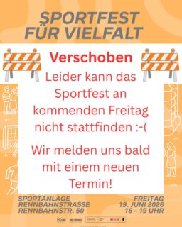 Wir alle hatten uns schon darauf gefreut, doch nun muss das Sportfest für Vielfalt am kommenden Freitag leider verschoben werden. Grund dafür sind laufende Renovierungen auf dem Sportplatz, die  leider längern andauern als geplant.
Wir suchen auf Hochtouren nach einem neuen Termin und melden uns so schnell wie möglich. Bitte folgt unserem Profil und lasst Euch über neue Beiträge benachrichtigen, um auf dem Laufenden zu bleiben!

#mobilestadtteilarbeit
#synergie
#staerkungberlinergroßsiedlungen #wirmachennachbarschaft #stadtteilarbeit #Stadtteilzentren #weißensee #pankow #berlin #berlinbessermachen #kiez #nachbarschaft #ja!space #tinyhouse #freizeithaus_ev #bennweissensee