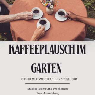 🌿☕ Kaffeeplausch im Garten ☕🌿
Ein kleines Stück Grün mitten im Kiez – für alle, die keinen eigenen Garten haben und trotzdem draußen sein, die Natur genießen und nette Menschen treffen möchten. 💚
Jeden Mittwoch öffnen wir unseren Nachbarschaftsgarten für einen gemütlichen Kaffeeplausch. Kommt vorbei, macht es euch in der Sonne gemütlich, atmet durch und lernt vielleicht Menschen aus der Nachbarschaft kennen. 🌱🌻
📅 Jeden Mittwoch
🕞 15:30–17:30 Uhr
📍 Stadtteilzentrum Weißensee
Keine Anmeldung nötig – einfach vorbeikommen und da sein! 😊
#StadtteilzentrumWeißensee #Weißensee #Pankow #Nachbarschaft #Nachbarschaftsgarten #Kaffeeplausch #Kiez #GemeinsamImKiez #Berlin #Garten #DraußenImKiez