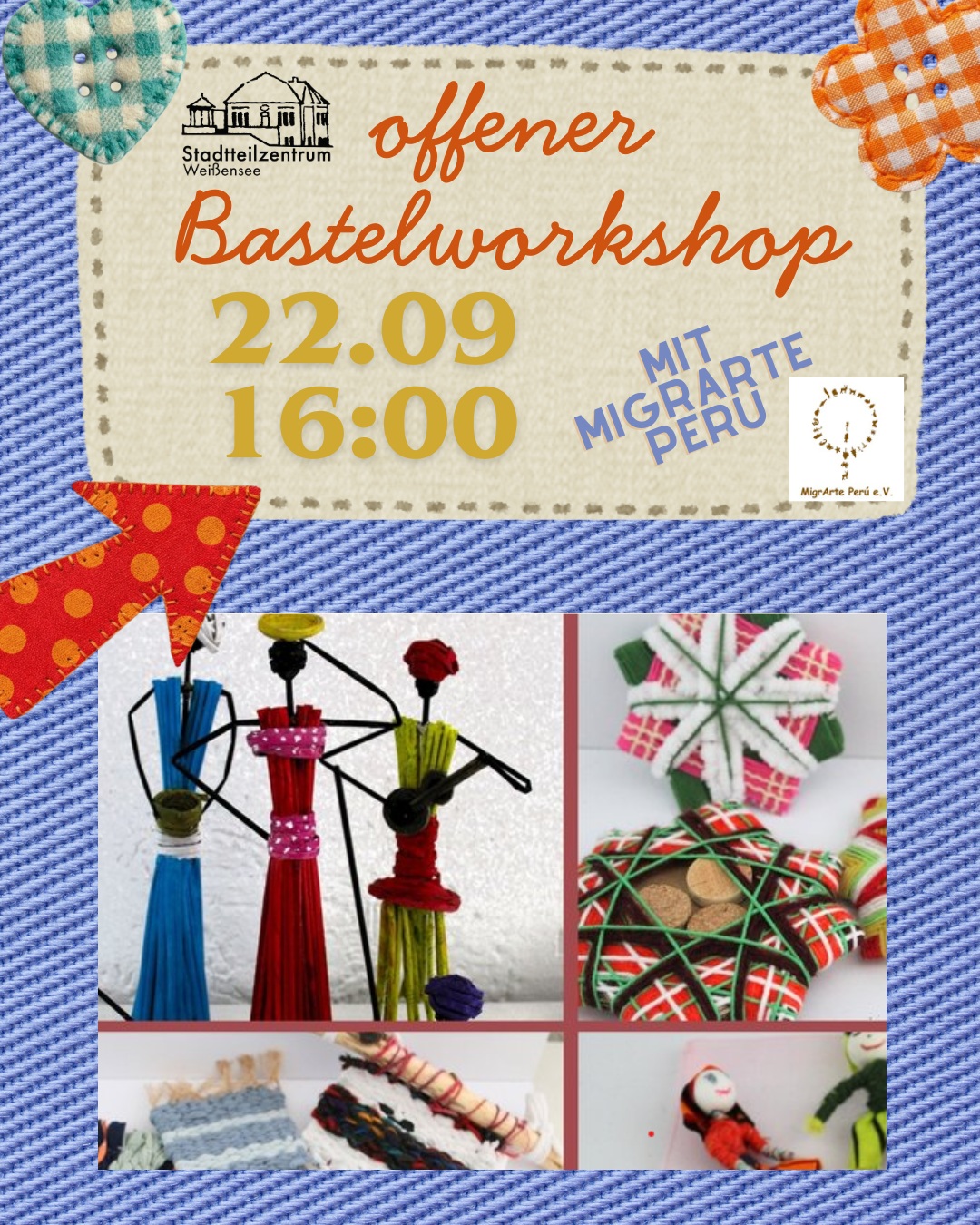 Dekolonialer Bastelworkshop für Familien im Stadtteilzentrum Weißensee 🎨
Gemeinsam kreativ werden und dabei spielerisch verschiedene kulturelle Perspektiven kennenlernen! 🌈
MigrArte Peru lädt Kinder und Eltern zu einem offenen Bastelworkshop ein. Ob gemeinsam mitmachen, ausprobieren oder einfach spontan vorbeischauen – alle sind willkommen! 💛
📅 22.09.2026
⏰ 16:00–18:00 Uhr
📍 Stadtteilzentrum Weißensee – Gartensaal
💸 kostenfrei
Kommt vorbei, bastelt mit und entdeckt gemeinsam neue Perspektiven! ✨
#StadtteilzentrumWeißensee #Weißensee #Bastelworkshop #FamilienWorkshop #KinderUndEltern #KreativFürAlle #Dekolonialität #MigrArtePeru #Kultur #Vielfalt #BerlinPankow #Pankow
