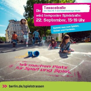 🚗🎨 Die Tassostraße wird zur Spielstraße! 🎨🛴
Am 22. September von 15–19 Uhr heißt es: Raus aus dem Haus und rein ins Spielvergnügen! 🥳
Die Tassostraße zwischen Haus Nr. 11 und Charlottenburger Straße wird für ein paar Stunden zur temporären Spielstraße. Der Straßenraum gehört dann nicht den Autos, sondern euch! 💛
Kommt vorbei zum:
⚽ Kicken
🎨 Malen & Kreidebilder gestalten
🛹 Flanieren & Spielen
🤸♀️ Toben und Ausprobieren
👧👦 und einfach gemeinsam Spaß haben!
Also: Schnappt euch Freund*innen, Kinder, Kreide & gute Laune und kommt vorbei! 🌈
📅 22.09.2026
⏰ 15–19 Uhr
📍 Tassostraße zwischen Haus Nr. 11 und Charlottenburger Straße
#Spielstraße #Weißensee #Pankow #Berlin #Tassostraße #TemporäreSpielstraße #Kiez #Nachbarschaft #DraußenSpielen #BerlinMitKindern #SpielUndSpaß #LebenswerteStadt #StraßeFürAlle