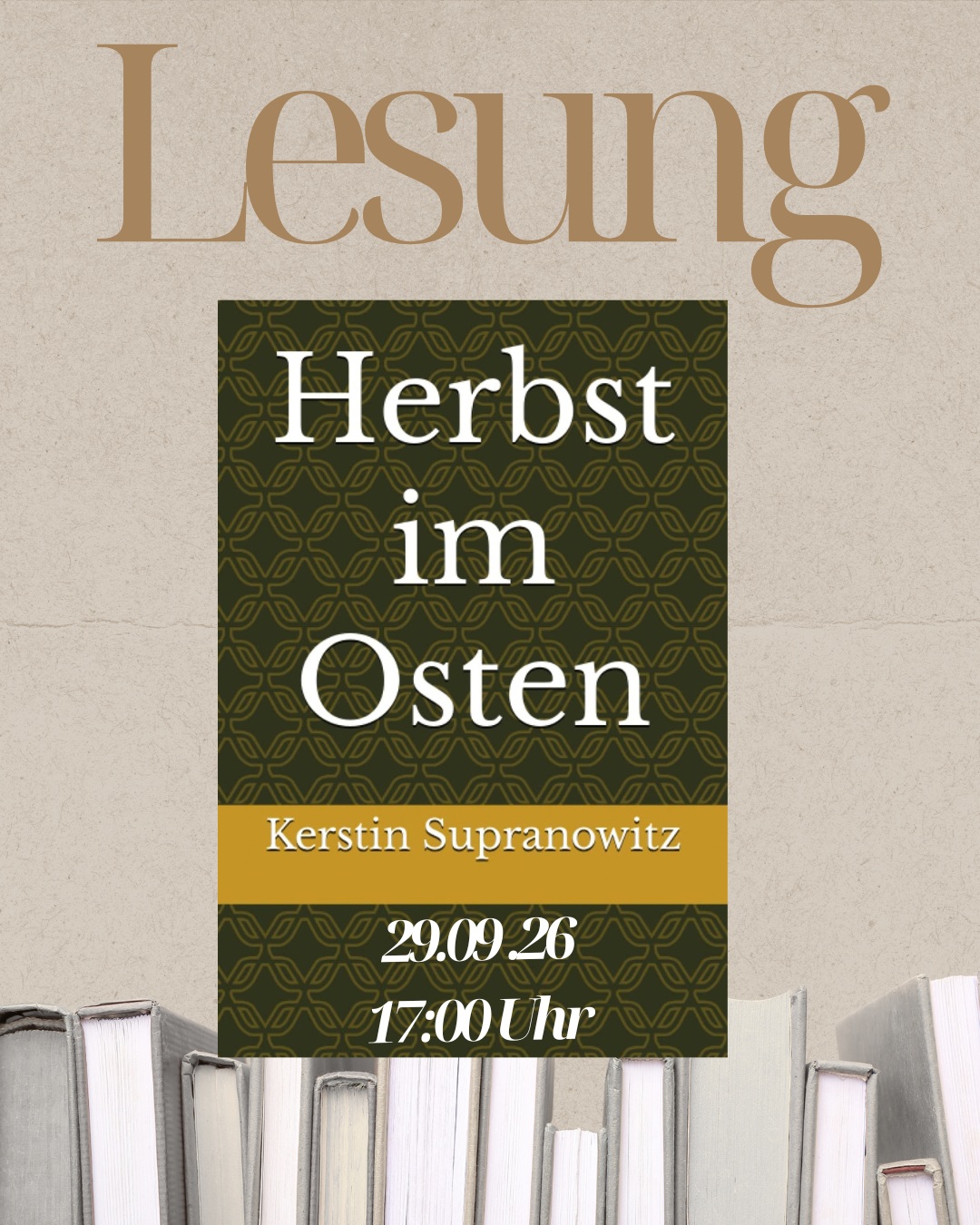 📖🍂 Buchvorstellung & Lesung: „Herbst im Osten“
Wie war es, in den letzten Jahren der DDR nach Berlin zu kommen und hier einen neuen Lebensabschnitt zu beginnen?
Die Autorin Kerstin Supranowitz liest aus ihrer Erzählung „Herbst im Osten“ und nimmt uns mit auf ihren Weg von Mecklenburg-Vorpommern nach Berlin – in eine Zeit des Umbruchs und der letzten Jahre der DDR.
Kommt vorbei, hört zu und taucht mit uns in persönliche Erinnerungen und Geschichten aus dieser besonderen Zeit ein. ✨
📅 29. September 2026
🕔 17:00–18:00 Uhr
📍 Gartensaal im Stadtteilzentrum Weißensee
Wir freuen uns auf euch! 💛
#Lesung #Buchvorstellung #Herbst