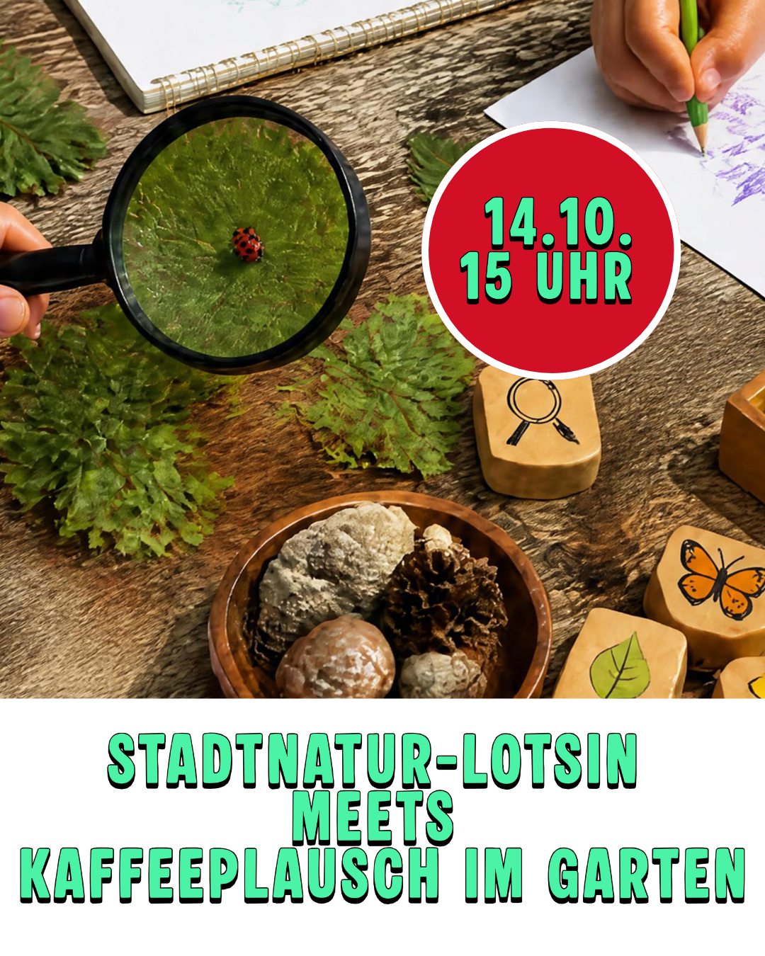 Was krabbelt denn da? 🐞 
Beim Kaffeeplausch im Garten ist Stadtnaturlotsin Mubida mit ihrem Aktionstisch dabei. Es gibt Naturbeobachtungen, Zeichnen und kreatives Spielen. Was genau, entscheidet sich vor Ort. Lasst euch überraschen!

Gönn dir eine Pause, komm auf ein Getränk und ein nettes Gespräch vorbei und lerne Menschen aus der Nachbarschaft kennen. ☕

Für große und kleine Naturliebhaber*innen. Einfach vorbeikommen.

📍 Im Garten des Stadtteilzentrums Weißensee 
🗓 Mittwoch, den 14.10.26 
15:00 - 17:00 Uhr 

Mubida ist Teil von „Stadtnatur für alle”, einem Projekt der @stiftungnaturschutzberlin. Ehrenamtliche aus sozialen Einrichtungen werden dort zu Stadtnatur-Lotsinnen und Lotsen qualifiziert. Sie begleiten Menschen in die Natur und organisieren gemeinsame Entdeckungstouren, direkt im Kiez. 🌿

#StadtnaturFürAlle #StiftungNaturschutzBerlin #Stadtnaturlotsin #Kaffeeplausch #Nachbarschaftsgarten #Weißensee #Berlin