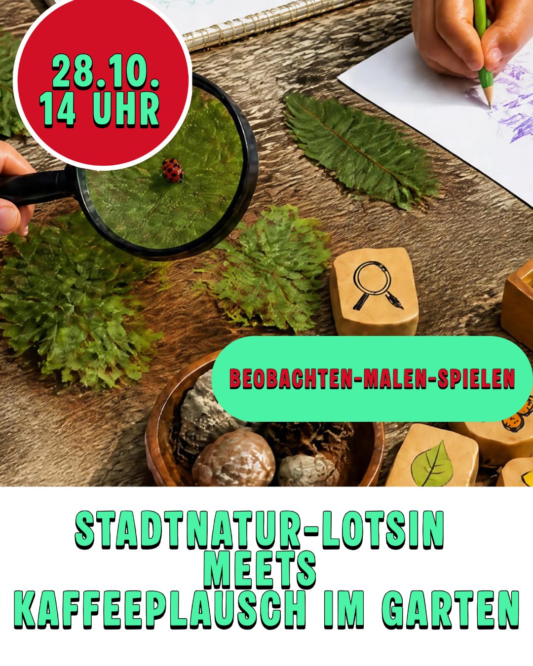 🌿☕ Stadtnatur-Lotsin meets Kaffeeplausch im Garten! 🌼14-16 Uhr
🔎 Beobachten, zeichnen, spielen! ✏️
Lust auf Natur und nette Begegnungen? 💚
Unsere Stadtnatur-Lotsin Mubida ist mit ihrem Aktionstisch beim Kaffeeplausch im Garten dabei!
🌱 Mit Lupen die Natur entdecken 🎨 Zeichnen und kreativ sein ☕ Bei einem Getränk gemütlich plaudern
👨👩👧👦 Für große und kleine Naturliebhaber*innen!
📅 14–16 Uhr 🌼 Einfach vorbeikommen – wir freuen uns auf euch!
📍 Ein Angebot im Rahmen des Projekts „Stadtnatur für alle“ der Stiftung Naturschutz Berlin.
#StadtteilzentrumWeißensee #FreiZeitHaus #Stadtnatur #Kaffeeplausch #Nachbarschaftstreffen #NaturEntdecken #BerlinWeißensee #StadtnaturFürAlle