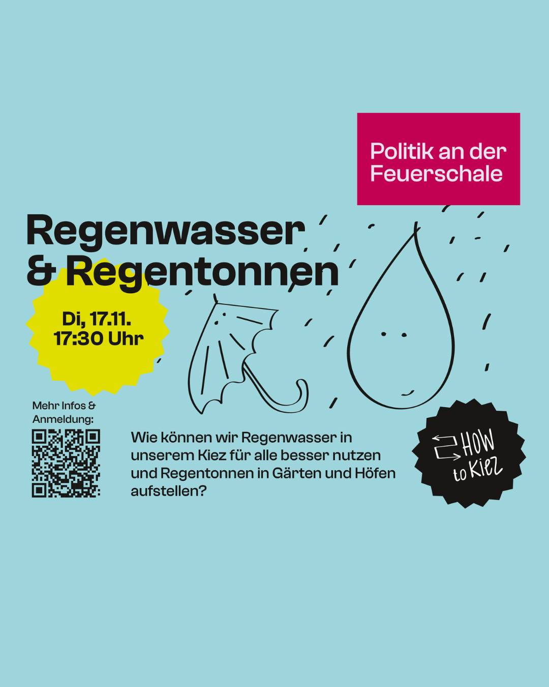 💧 HowToKiez – Regenwasser & Regentonnen

🌱 Wie können wir Regenwasser in unserem Kiez für alle besser nutzen und Regentonnen in Gärten und Höfen aufstellen?

Wie können wir Regenwasser für Nachbarschaftsgärten, Beete und Grünflächen nutzen, Leitungswasser sparen und unseren Kiez auf heiße Sommer vorbereiten?

Beim Treffen von HowToKiez gibt es praktische Tipps rund um Regentonnen, Erfahrungsberichte und Informationen zu Kosten, Standorten und Unterstützung.

📋 Programm:

🕠 Ab 17:30 Uhr – Ankommen & Tour durch den Nachbarschaftsgarten, Johanna Hehl, Stadtteilzentrum Weißensee

🕕 18 Uhr – Austausch:

🌿 Vorstellung HowToKiez: Antje, Katya und Joshua von Pankow beteiligt
💧 HowToKiez Regenwasser & Regentonnen: Katrin Wittig vom gemeinnützigen Projekt Die Wassertanke
🌍 KLAK-Klimaanpassungskonzept und Klimaschutzkonzept Pankow: Was hat es mit mir zu tun? Marwin Detzner, Umwelt- und Naturschutzamt Pankow & Maxi Schorling, Leitstelle Klimaschutz Pankow
🕖 19 Uhr – Erfahrungsaustausch & Vernetzung

🤝 Finde Verbündete zur Beantragung oder zum Aufbau einer Regentonne.

🥨 Für leckere Snacks ist gesorgt.

🎟️ Die Teilnahme ist kostenlos. Anmeldung erwünscht, spontane Teilnahme möglich.

🔗 Anmeldung: https://pretix.eu/pankowbeteiligt/howto-regenwasser/

📍 Eine Veranstaltung von Pankow beteiligt und dem Stadtteilzentrum Weißensee im Rahmen der Reihe „Politik an der Feuerschale“.
#HowToKiez #StadtteilzentrumWeißensee #FreiZeitHausEV #FreiZeitHaus #PankowBeteiligt #Weißensee #BerlinWeißensee #BerlinPankow #Regenwasser #Regentonnen #Klimaanpassung #Klimaschutz #Stadtgrün #Nachbarschaft #Gemeinschaftsgarten